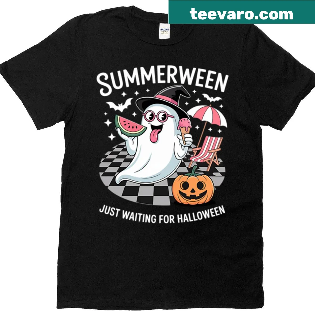 Illustrated T-shirt for Summerween featuring pumpkin ghosts — on a men's t-shirt