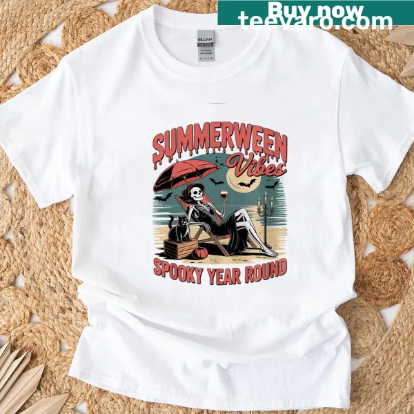 Skeleton beach graphic on a playful Summerween t-shirt