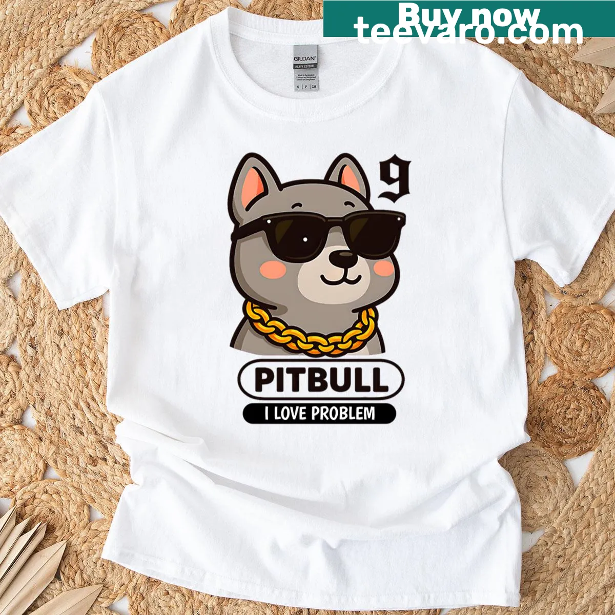 Playful pitbull graphic t-shirt featuring shades and necklace — on a men's t-shirt
