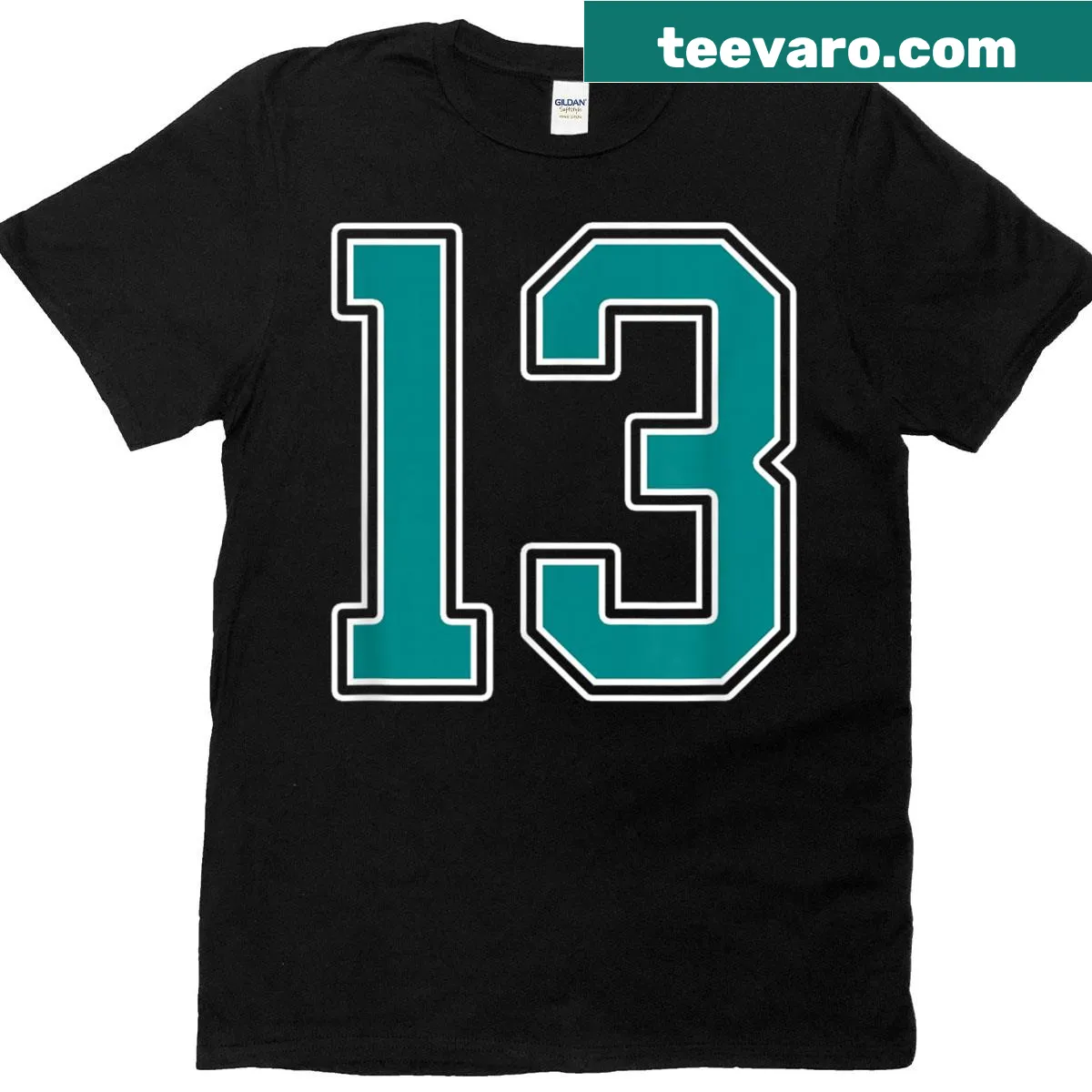 Jersey style T-shirt with number 13 design for sports fans — on a men's t-shirt