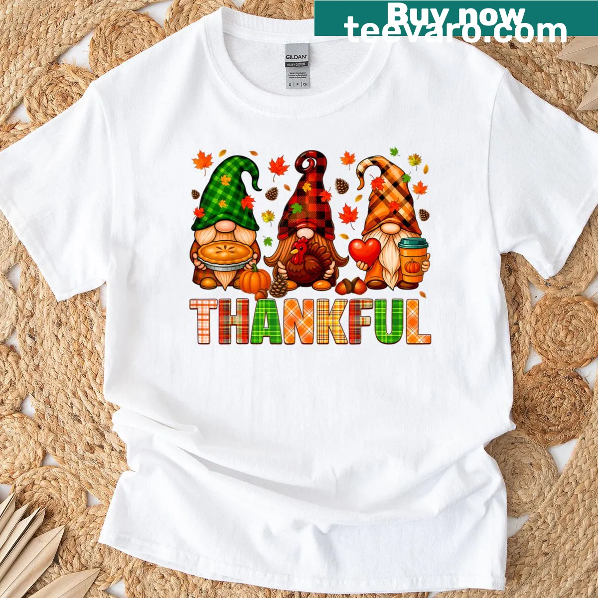 Illustration of thankful gnomes with turkey and plaid elements for Thanksgiving — on a men's t-shirt