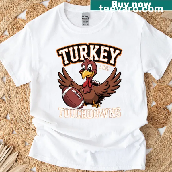 Thanksgiving T-shirt featuring turkey and football graphics.