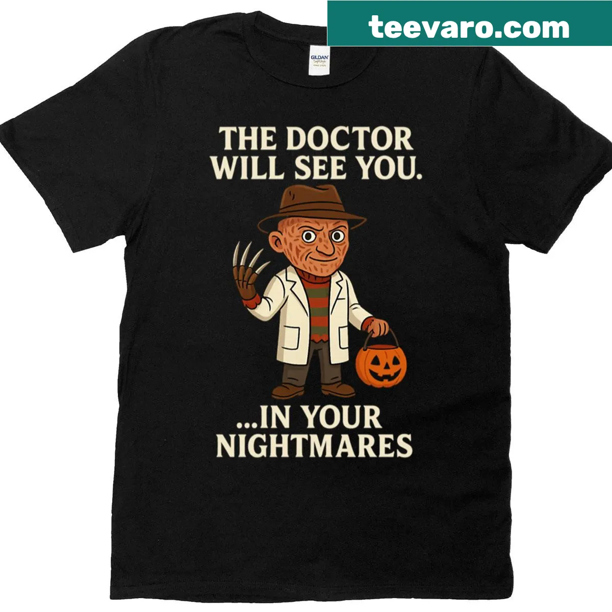 Horror-themed T-shirt with 'The Doctor Will See You in Your Nightmares' text — on a men's t-shirt