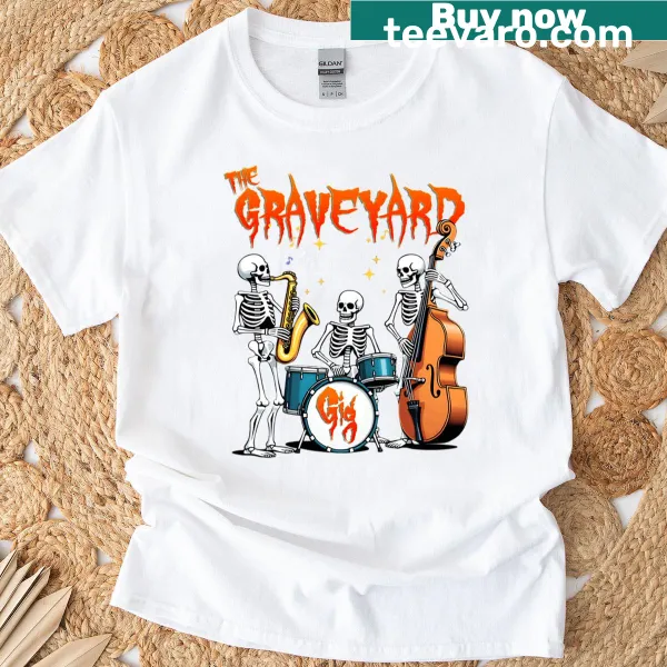 Illustrated design of skeletons in a graveyard concert on a t-shirt