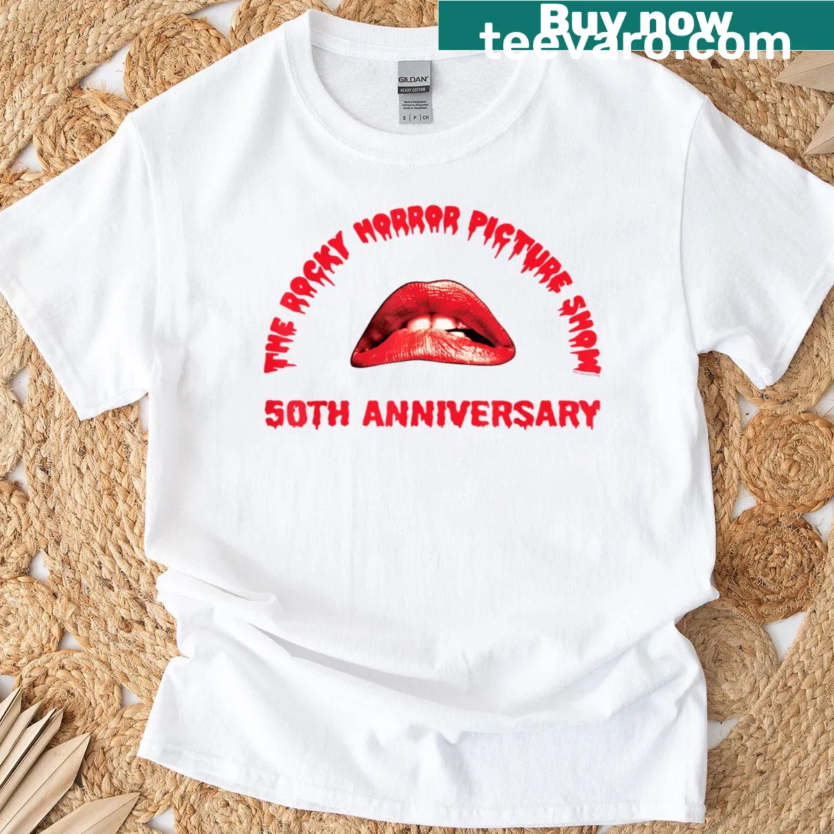 50th Anniversary Rocky Horror Picture Show T-shirt with lips logo — on a men's t-shirt
