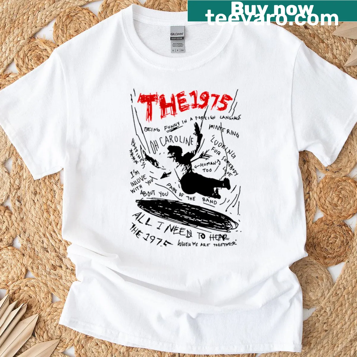Playful t-shirt featuring music band logo design — on a men's t-shirt