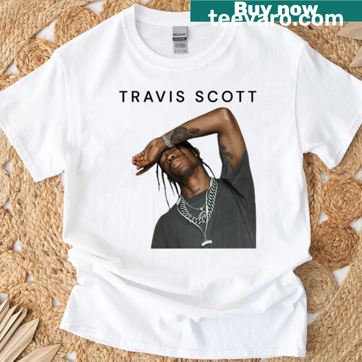 Distressed graphic T-shirt featuring Travis Scott — on a men's t-shirt