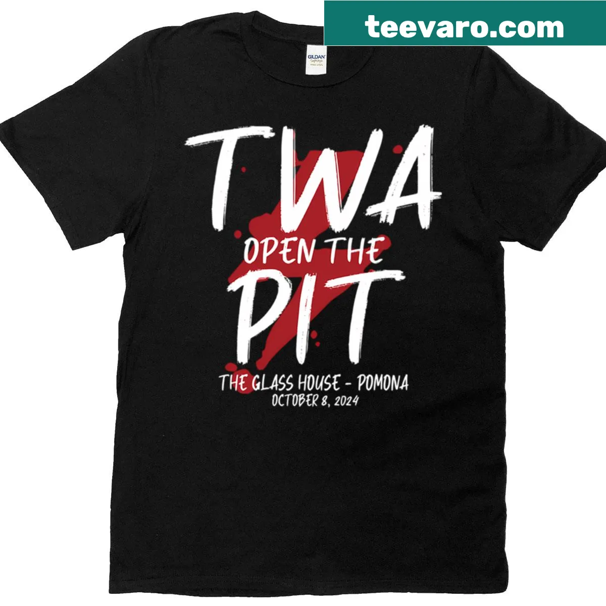 T-shirt featuring TWA Open the Pit Pomona text — on a men's t-shirt