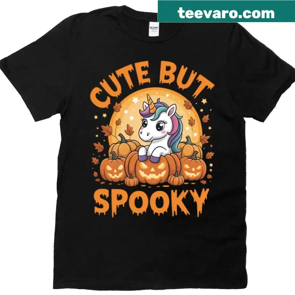 Cute unicorn graphic on a Halloween-themed t-shirt