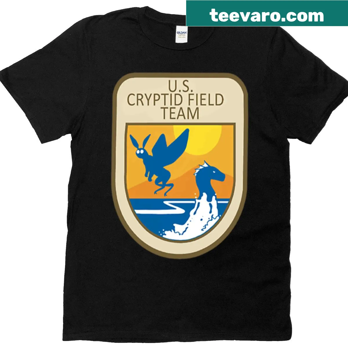 Cryptid Field Team t-shirt with whimsical graphic — on a men's t-shirt