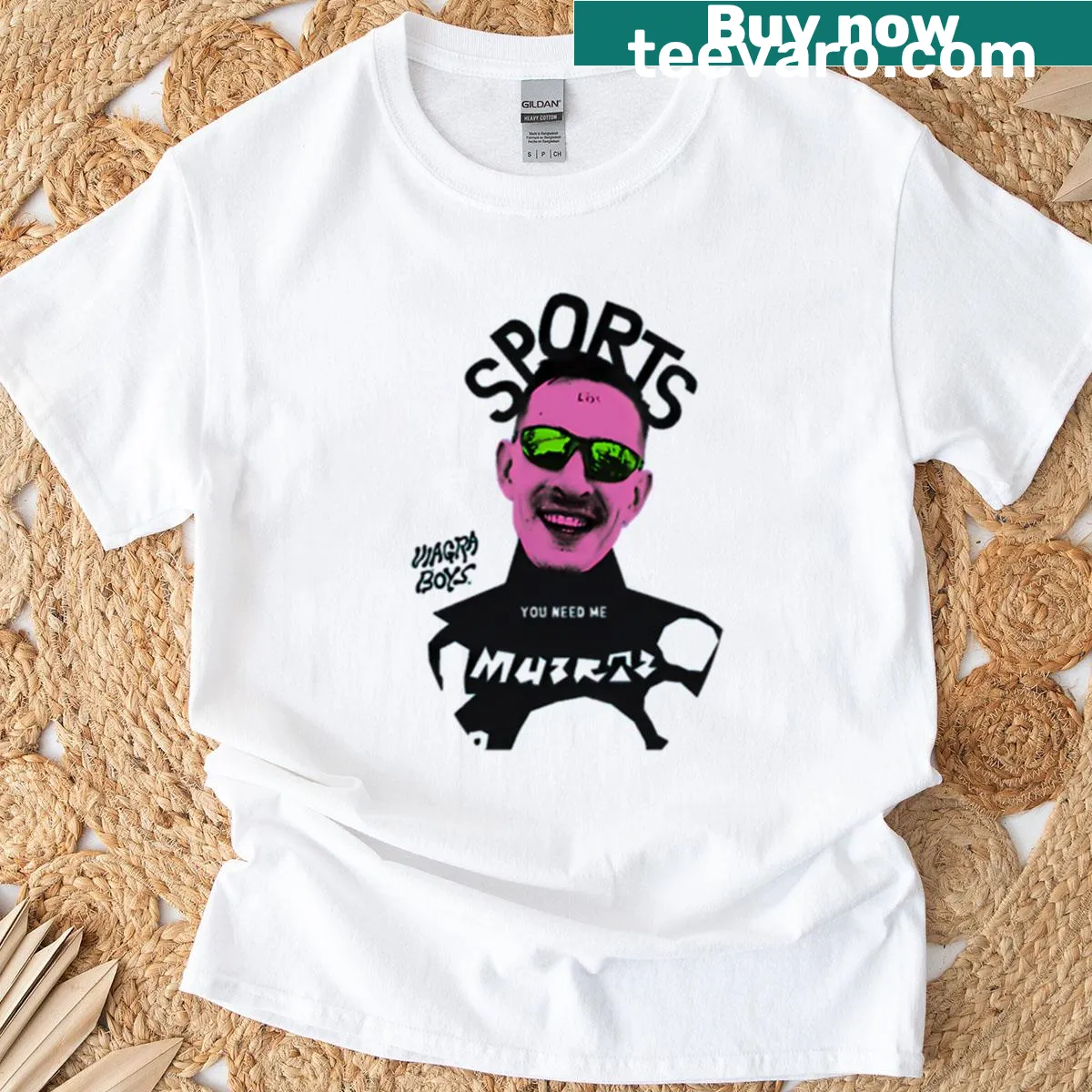 Viagra Boys T-shirt with bold centered text — on a men's t-shirt