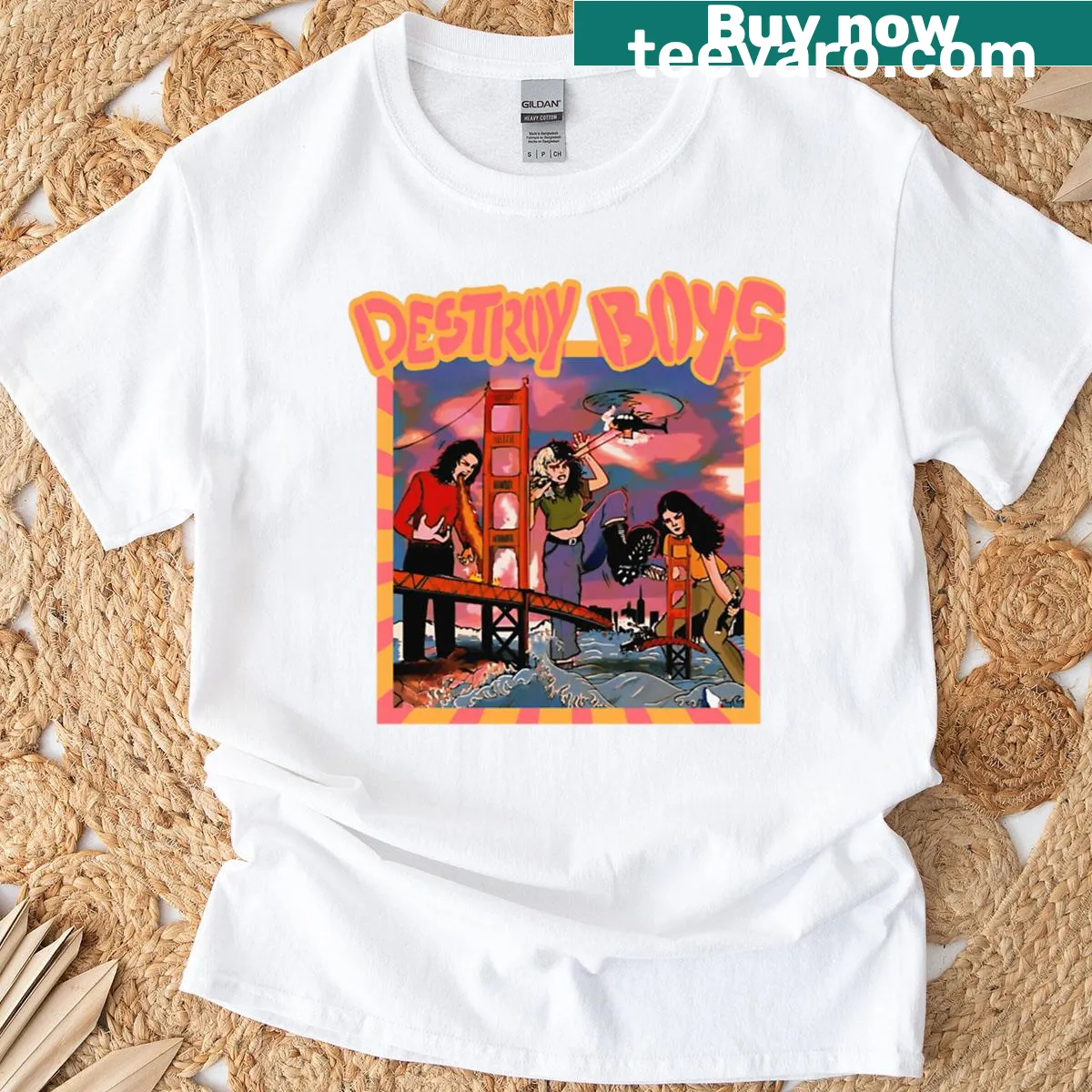Grunge style T-shirt featuring a distressed design inspired by Destroy Boys. — on a men's t-shirt