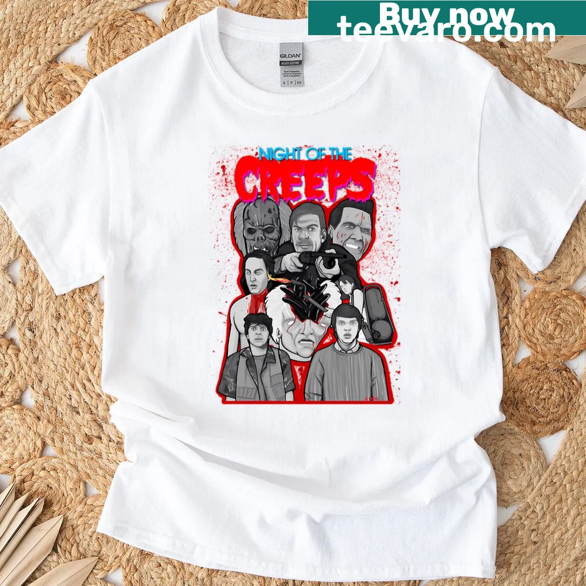 Halloween T-shirt featuring a humorous design inspired by 80s and 90s horror films. — on a men's t-shirt