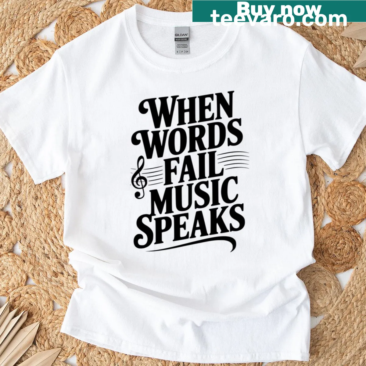 Inspirational shirt with the quote 'When Words Fail Music Speaks' in a stylish font — on a men's t-shirt