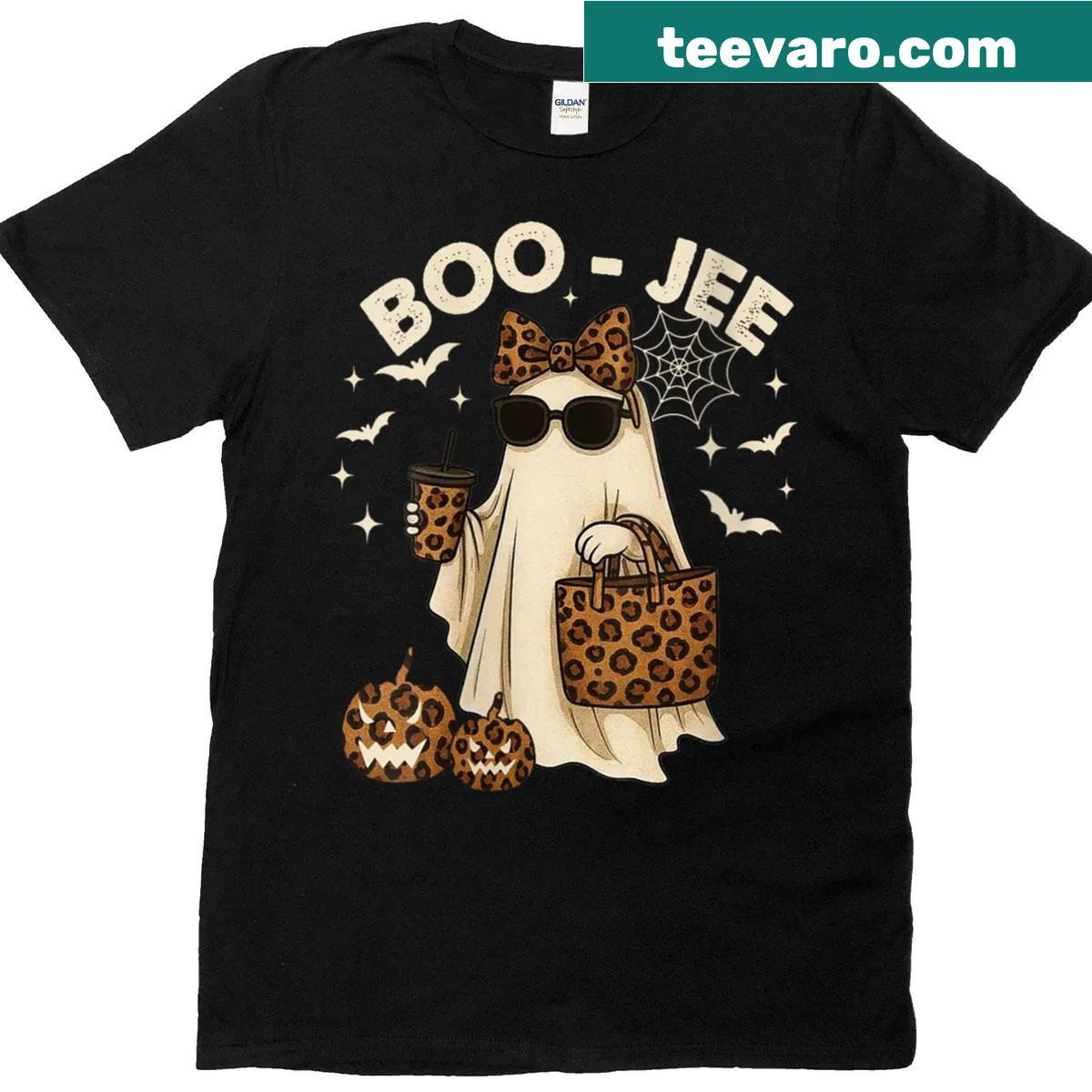 Cute cartoon leopard ghost design with coffee on Halloween T-shirt — on a men's t-shirt