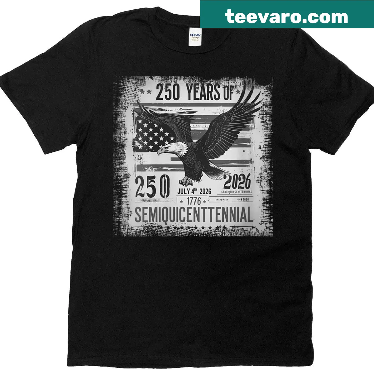 Patriotic T-shirt with flag and eagle celebrating 250 years of America — on a men's t-shirt