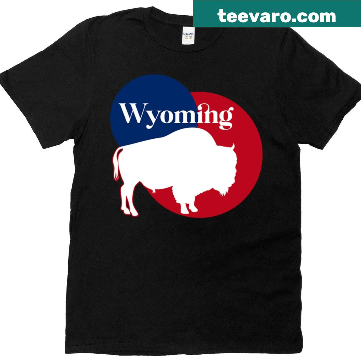 T-shirt featuring a bison silhouette and Wyoming flag theme — on a men's t-shirt
