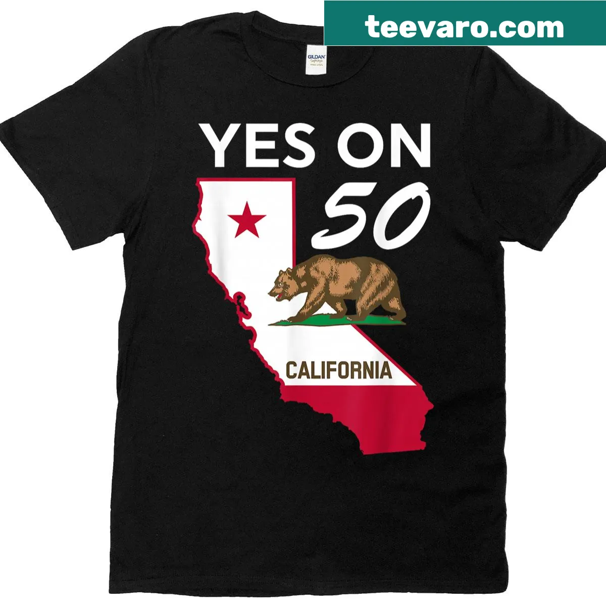 California Republic bear graphic with 'Yes On 50' text on T-shirt — on a men's t-shirt