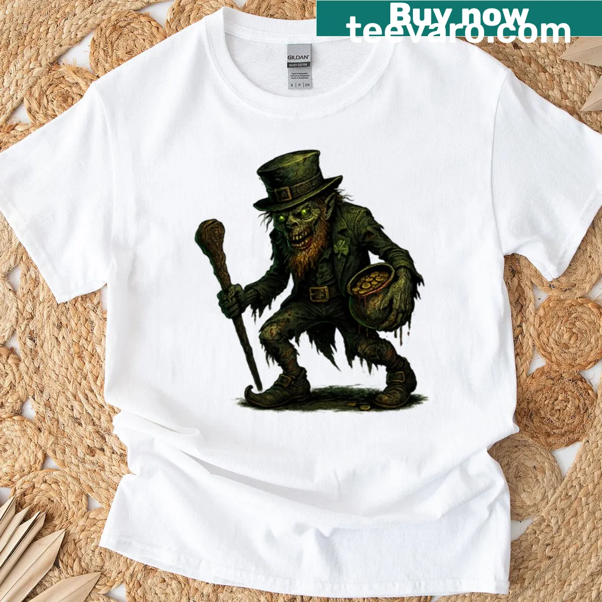 T-shirt featuring a zombie leprechaun illustration for St. Patrick's Day — on a men's t-shirt