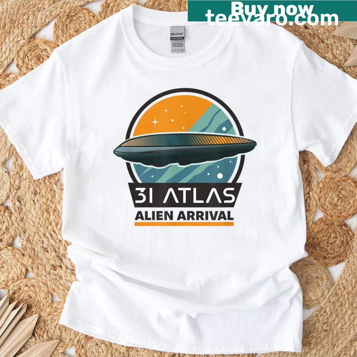 T-shirt featuring an imaginative graphic of an alien arrival — on a men's t-shirt
