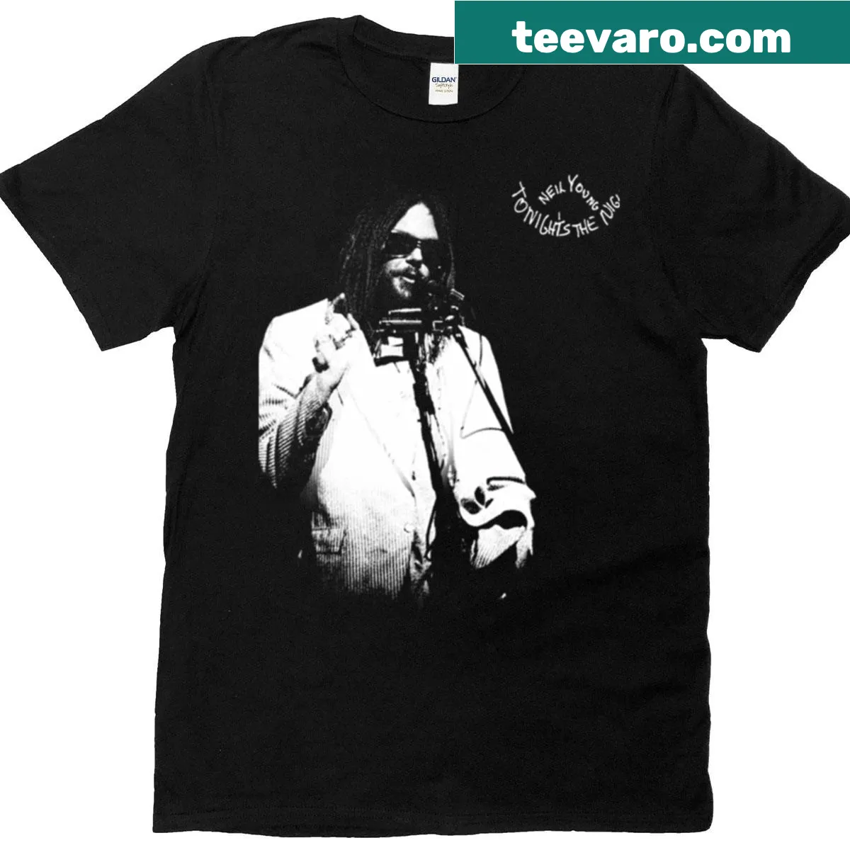 Retro shirt featuring 70s singers and art tour theme — on a men's t-shirt