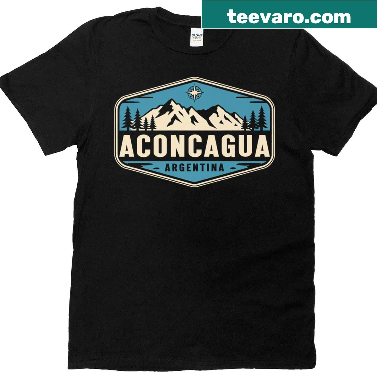 Graphic T-shirt featuring Aconcagua mountain illustration — on a men's t-shirt