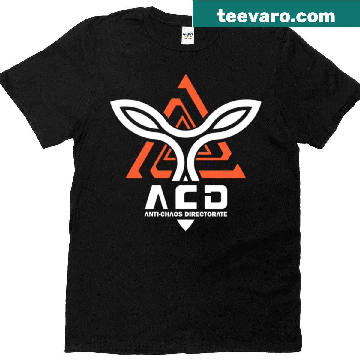 Abstract typography t-shirt with Ananta Ant-chaos Directorate text — on a men's t-shirt