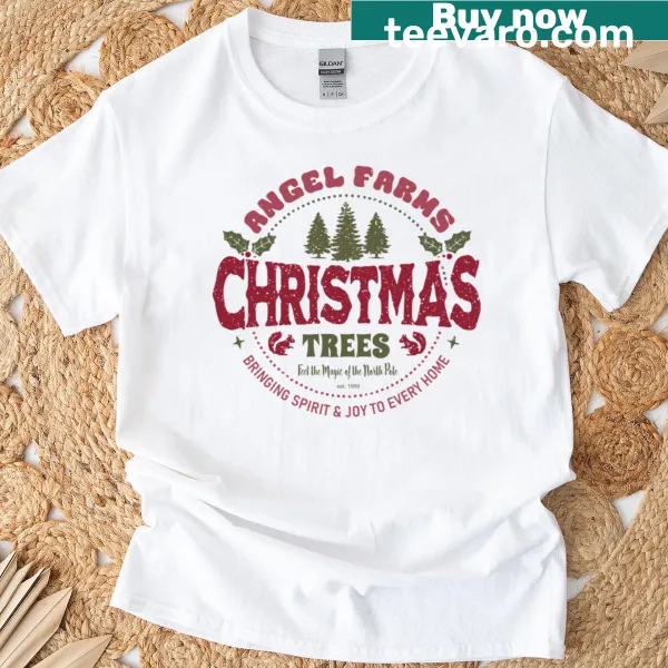 Vintage rustic Angel Farms Christmas Trees logo graphic on T-shirt