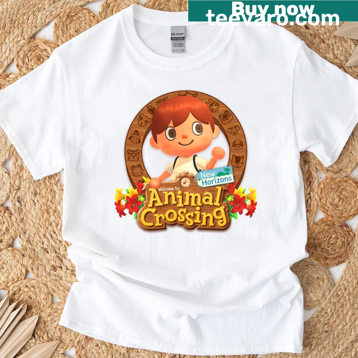 Villager badge T-shirt from Animal Crossing New Horizons with fall leaves — on a men's t-shirt