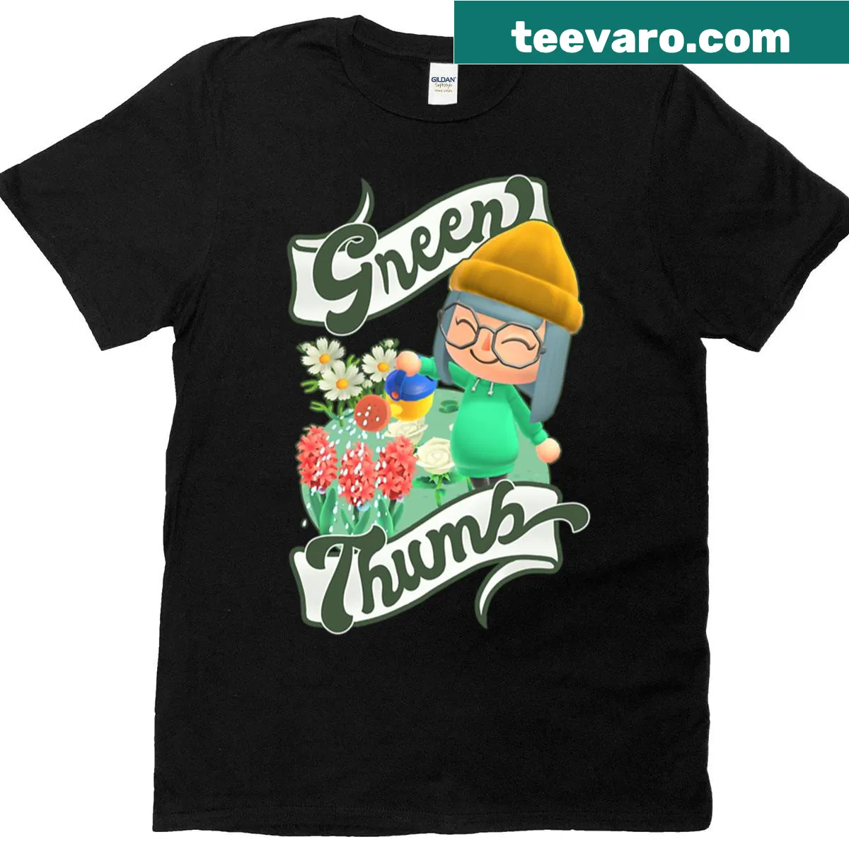 Illustrated garden print t-shirt inspired by Animal Crossing — on a men's t-shirt