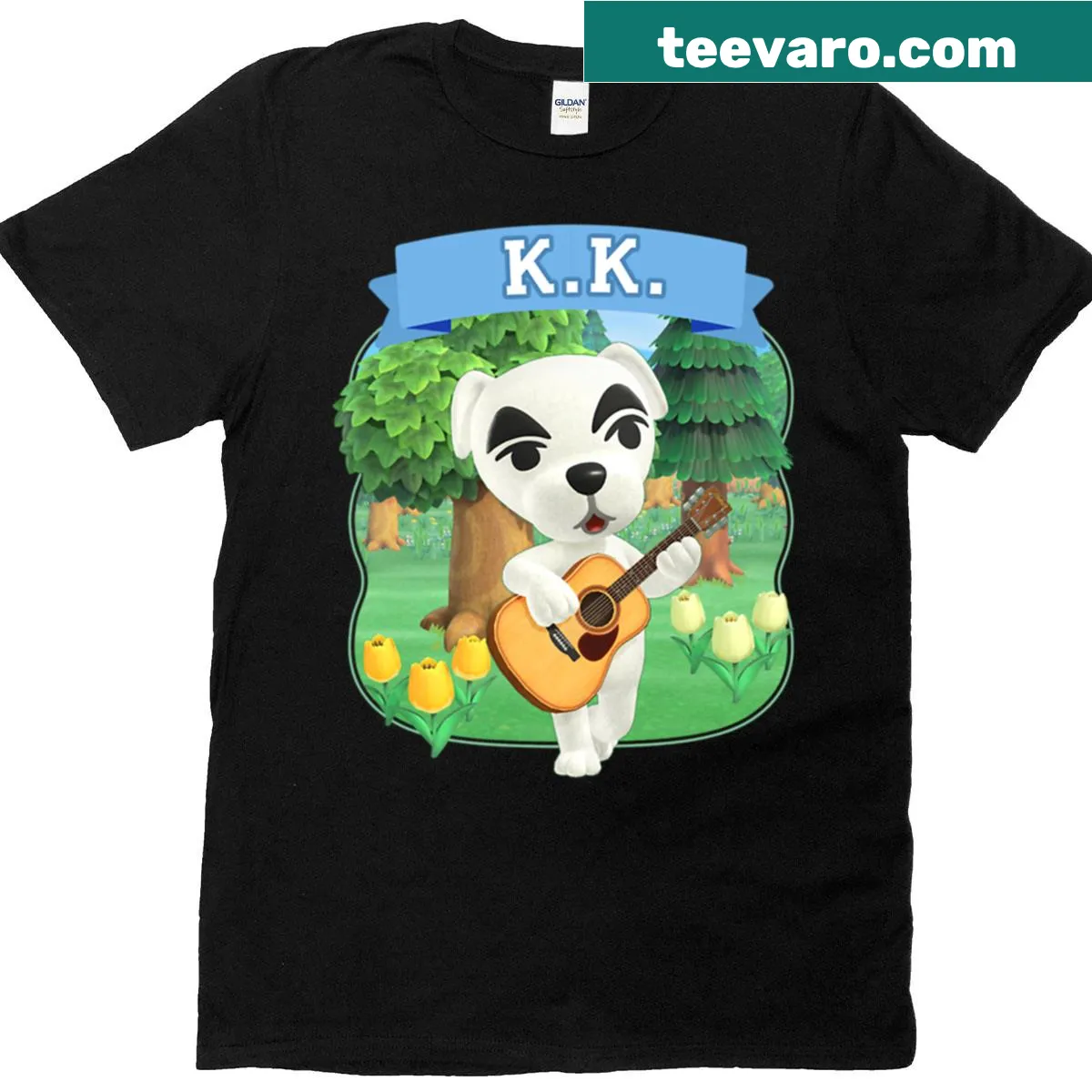 K.K. Slider from Animal Crossing strumming a guitar in an orchard scene — on a men's t-shirt