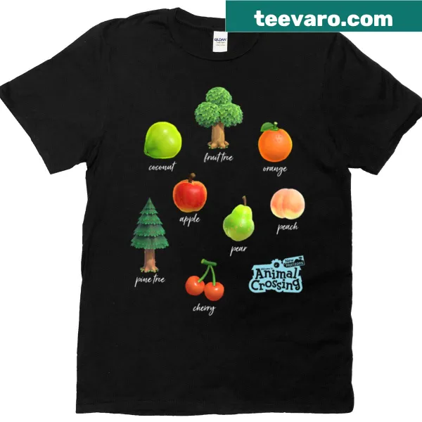 Whimsical Animal Crossing orchard graphic on a T-shirt