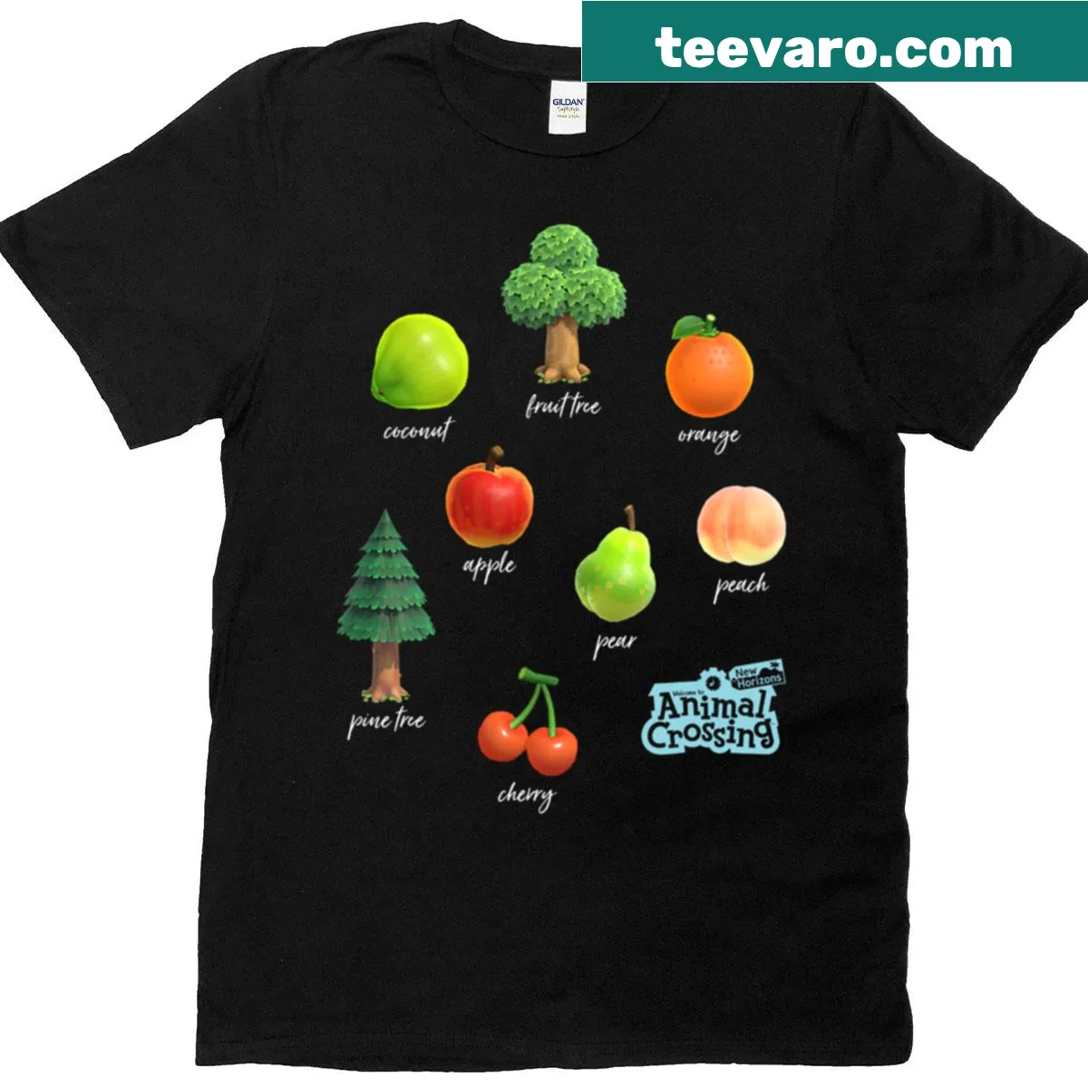 Whimsical Animal Crossing orchard graphic on a T-shirt — on a men's t-shirt
