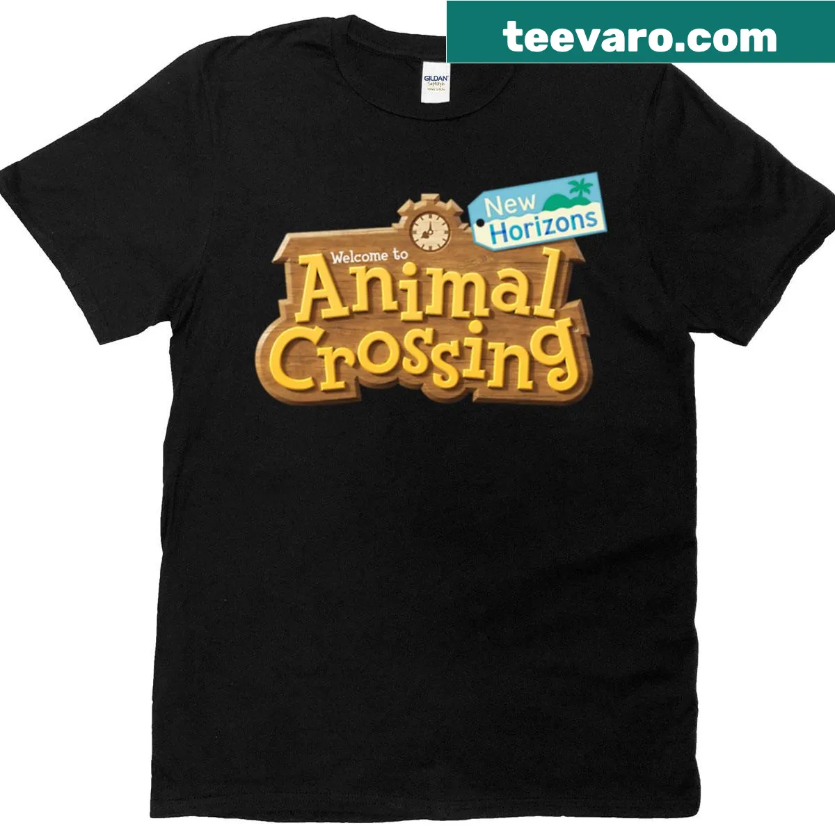 T-shirt featuring the Animal Crossing New Horizons welcome sign logo — on a men's t-shirt