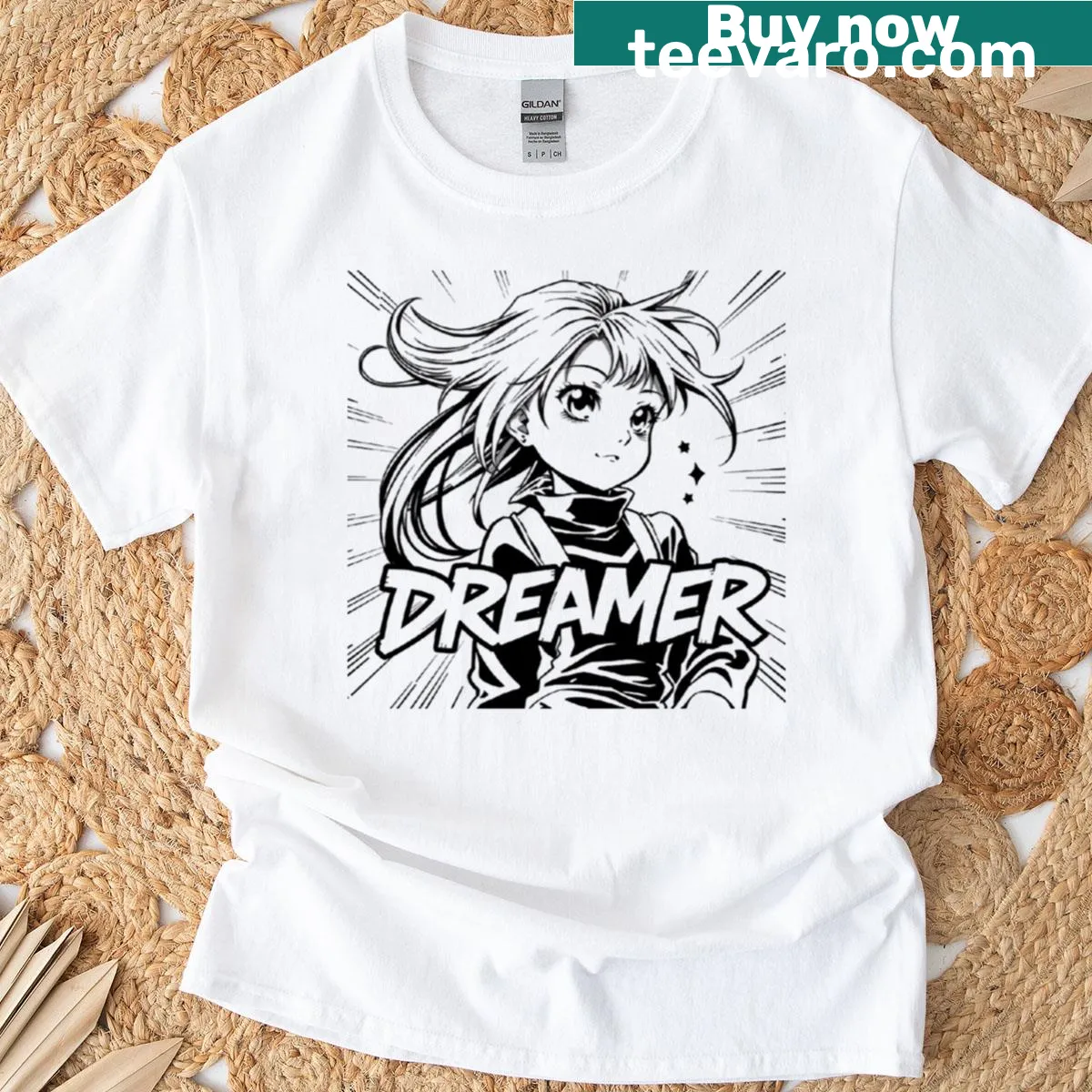 T-shirt featuring a dreamy anime girl design with a logo — on a men's t-shirt