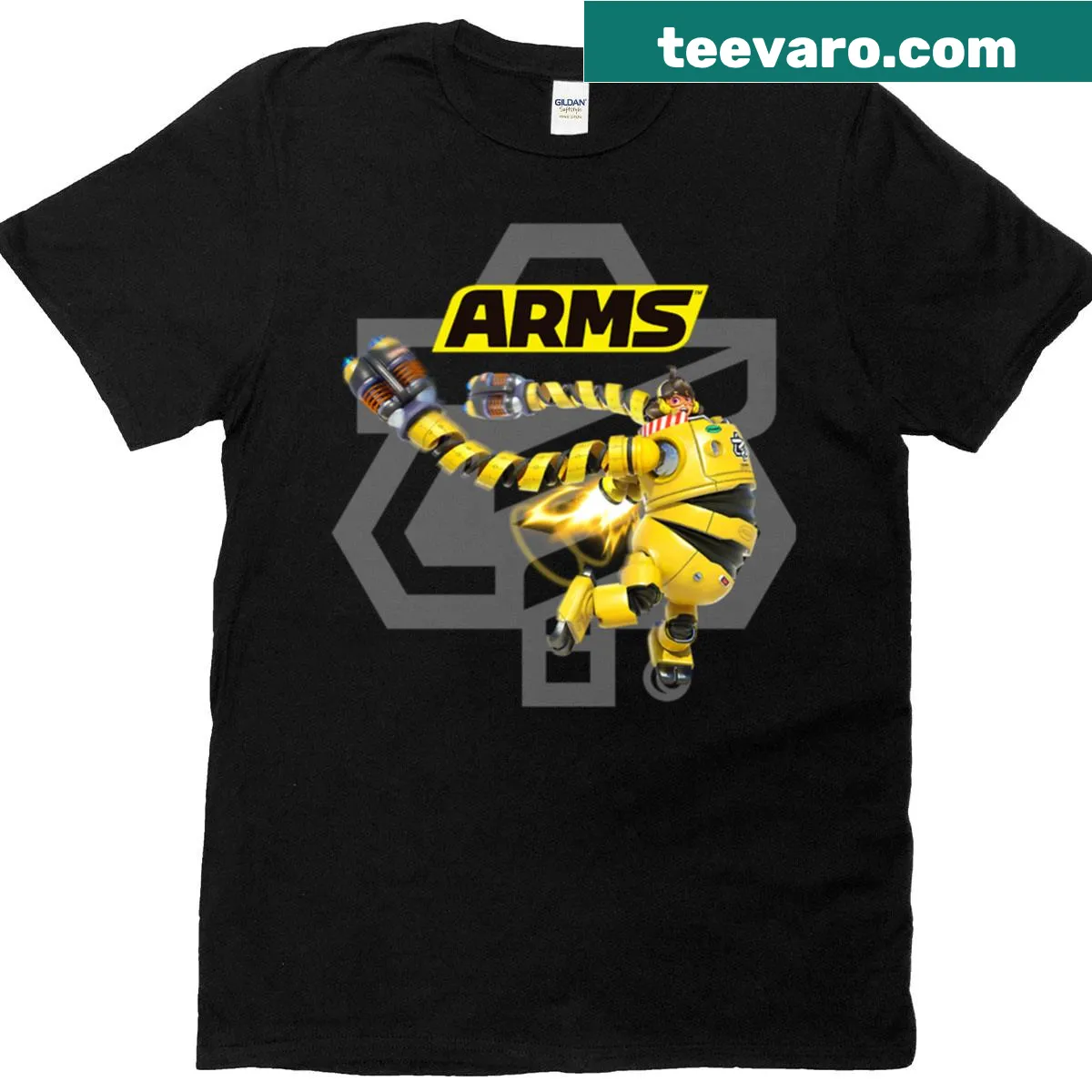 Arms Mechanica logo T-shirt featuring a bold illustration of the logo — on a men's t-shirt