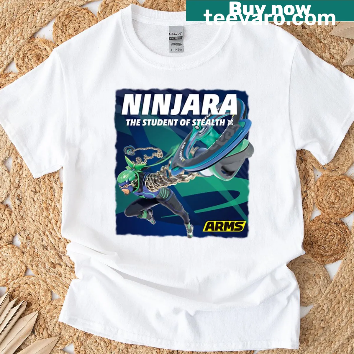 Ninjara character graphic from Arms on T-shirt in poster style — on a men's t-shirt