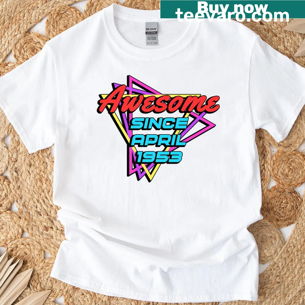Text T-shirt stating Awesome Since April 1953 — on a men's t-shirt