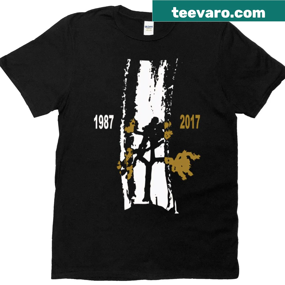 Vintage concert logo T-shirt featuring iconic band album artwork — on a men's t-shirt