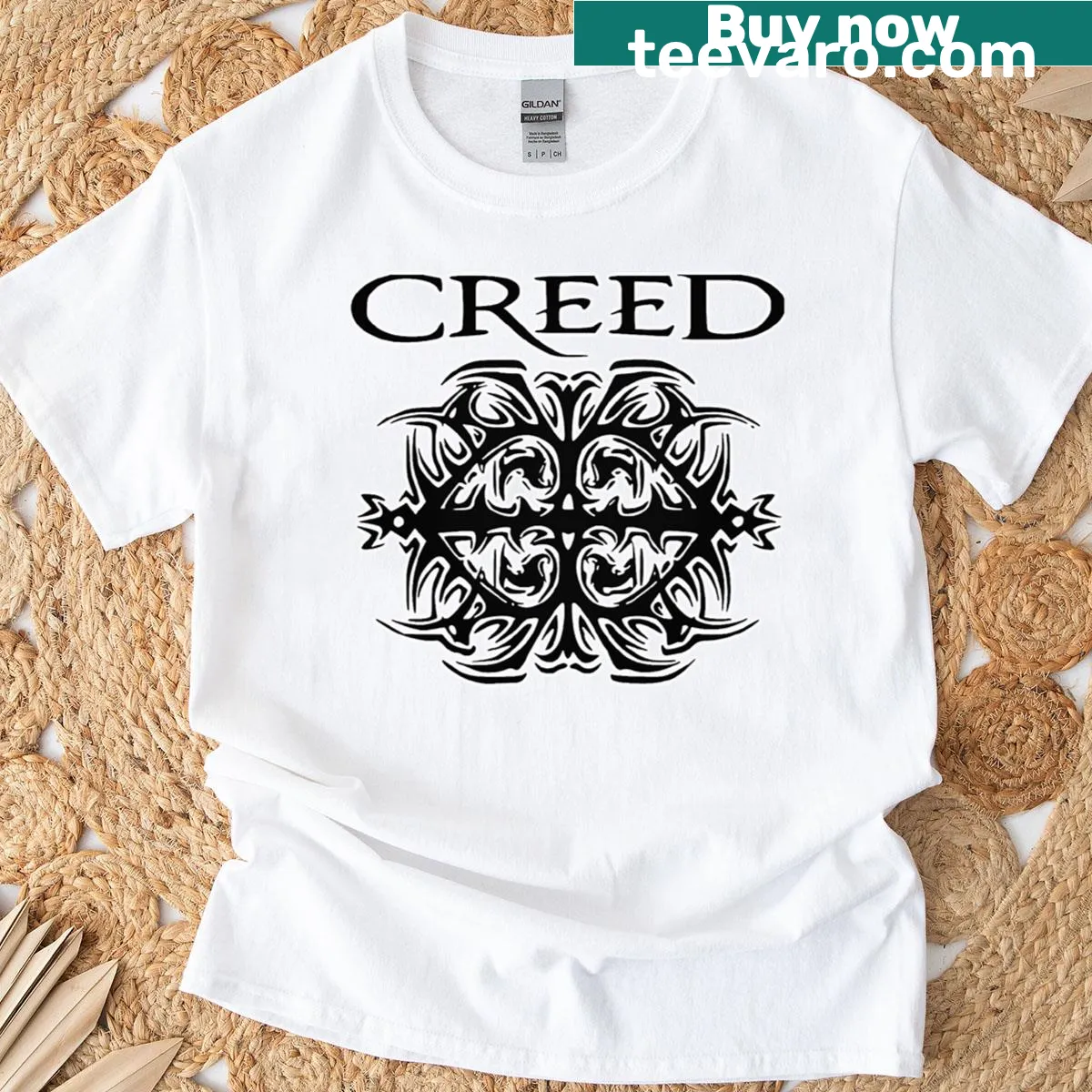 Creed band logo T-shirt design — on a men's t-shirt