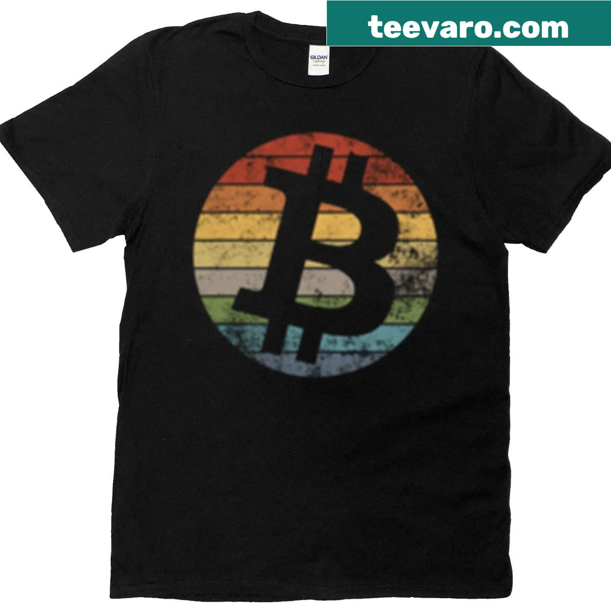 Vintage vaporwave t-shirt featuring the Bitcoin logo — on a men's t-shirt