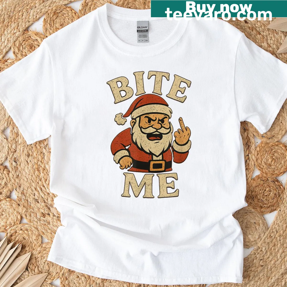 Vintage Angry Santa design with 'Bite Me' text for Christmas — on a men's t-shirt