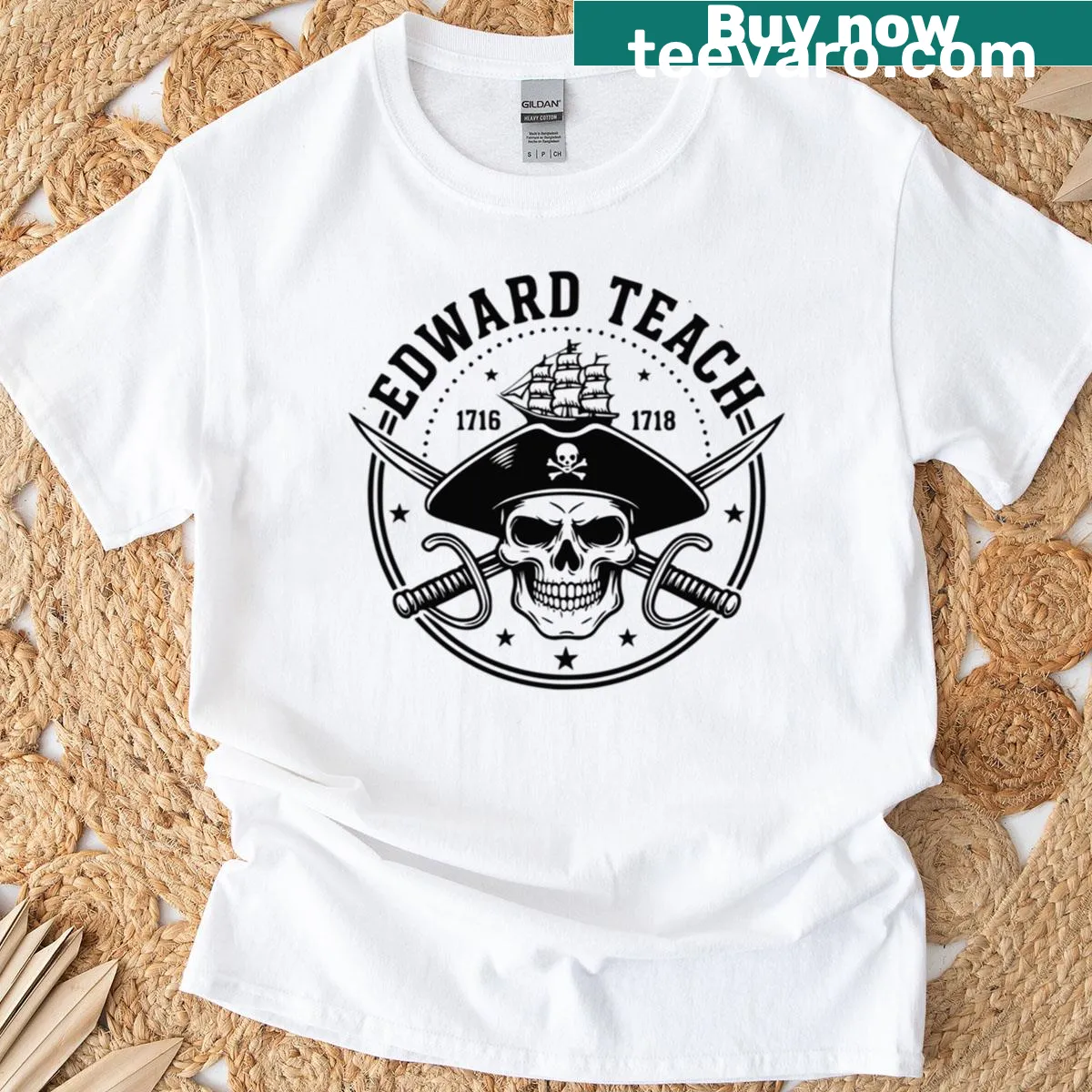 Light t-shirt featuring Blackbeard and pirate-inspired graphics — on a men's t-shirt