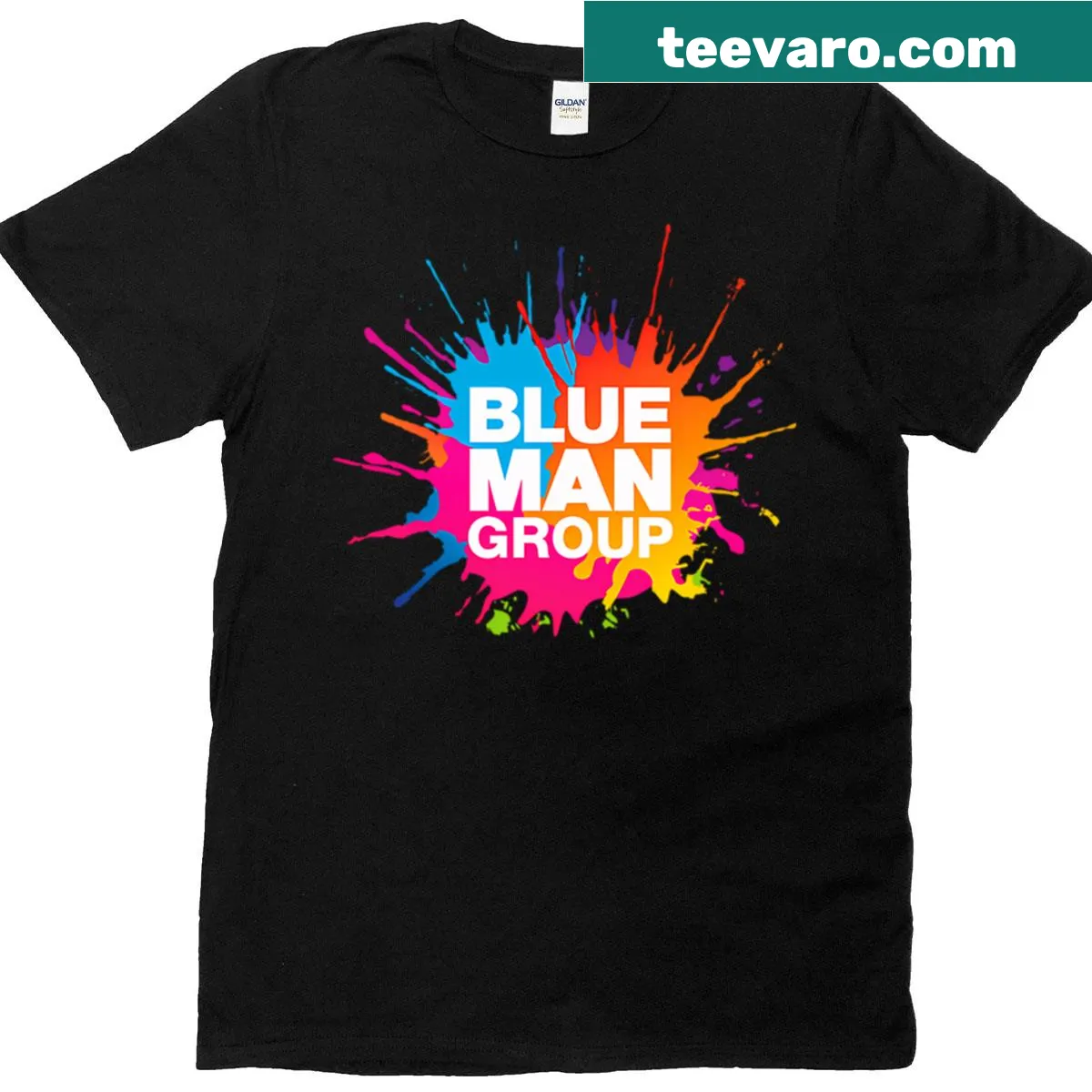 T-shirt featuring whimsical Blue Man Group logo design — on a men's t-shirt