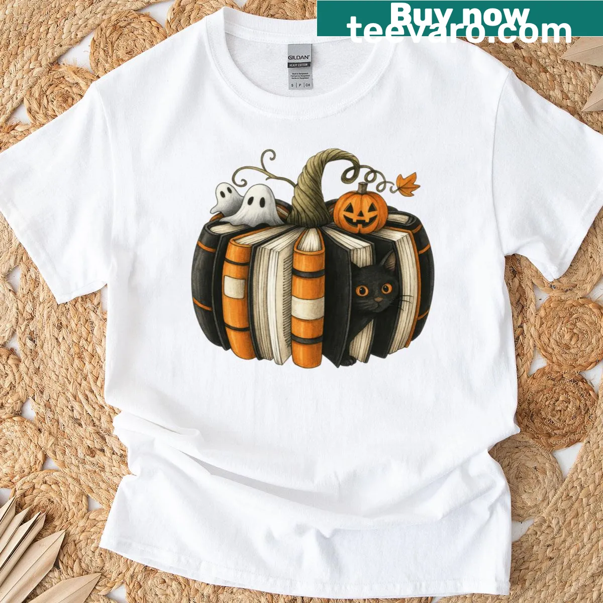 Cute Halloween design with pumpkin, ghost, and cat T-shirt for teachers — on a men's t-shirt