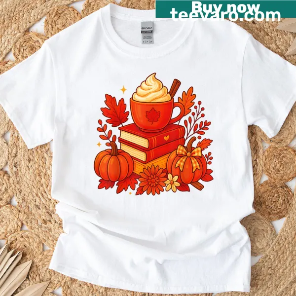 Vintage fall-themed T-shirt with books, pumpkins, and leaves