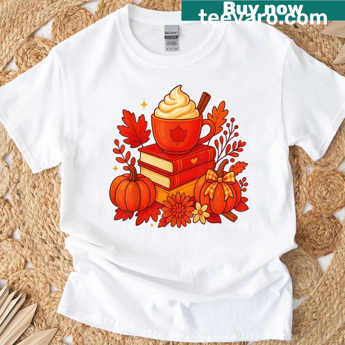 Vintage fall-themed T-shirt with books, pumpkins, and leaves — on a men's t-shirt