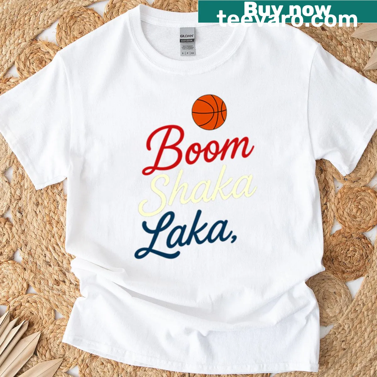 Basketball T-shirt with Boom Shaka Laka slam dunk text — on a men's t-shirt