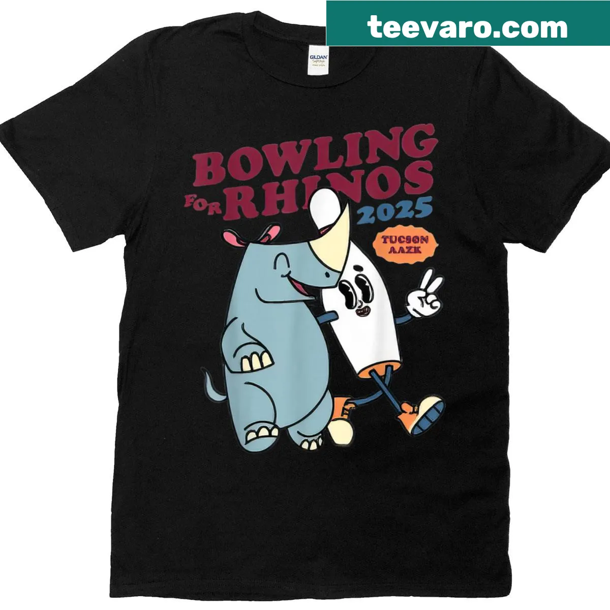 Graphic T-shirt featuring Bowling For Rhinos 2025 design — on a men's t-shirt