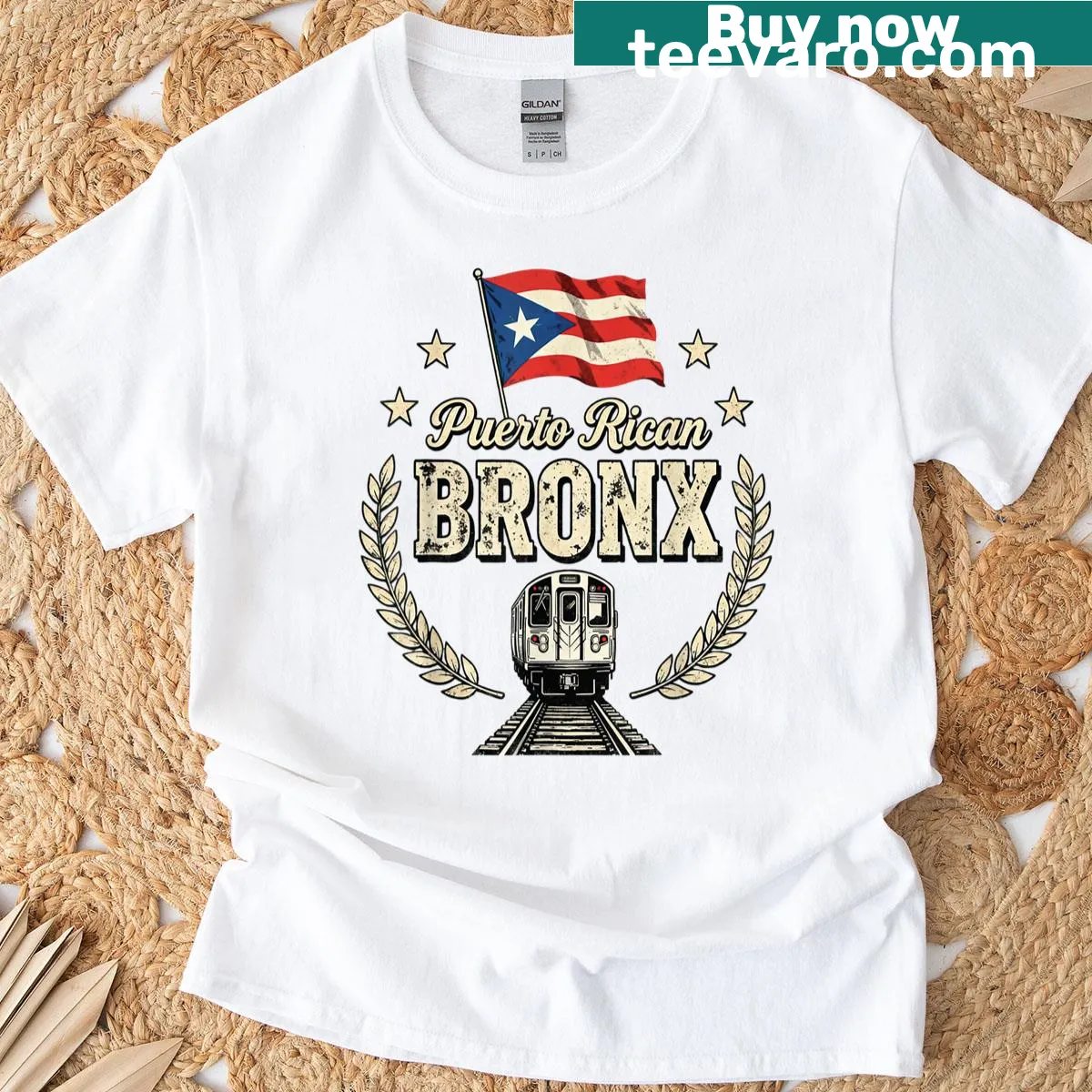 T-shirt with Bronx Puerto Rican heritage subway train design — on a men's t-shirt